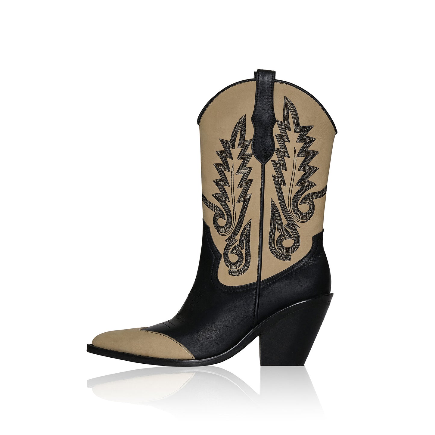 Contrast Black And Beige Round-Toe Embroidery Mid Calf Cowgirl Boots