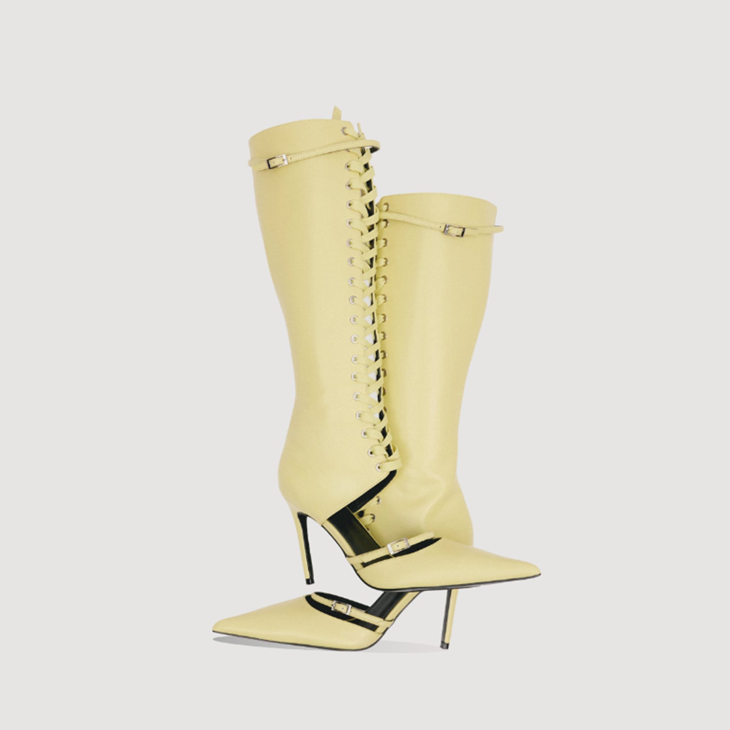 Yellow Pointed-Toe Front Lace-Up Full-Zip Knee High Stiletto Boots