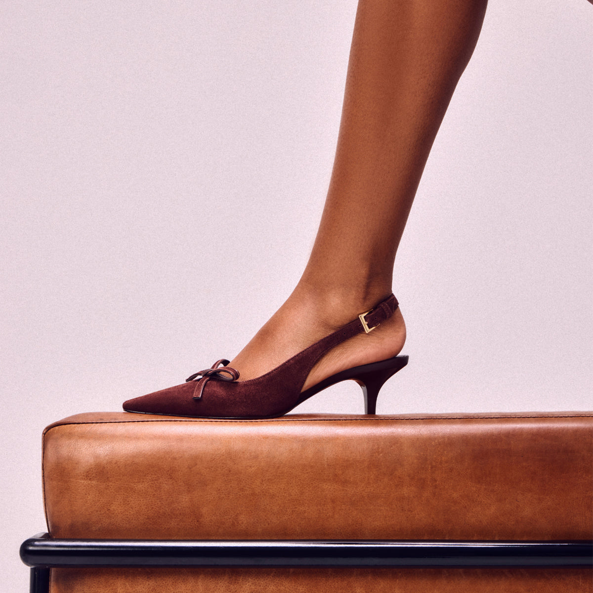 Coffee Faux Suede Chic Pointed-Toe Front Bow Buckle Slingback Kitten Heels