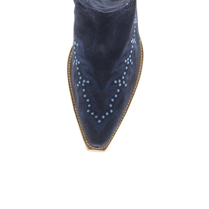 Dark Blue Faux Suede Snip-Toe Half-Zip Embroidery Knee High Cowgirl Boots