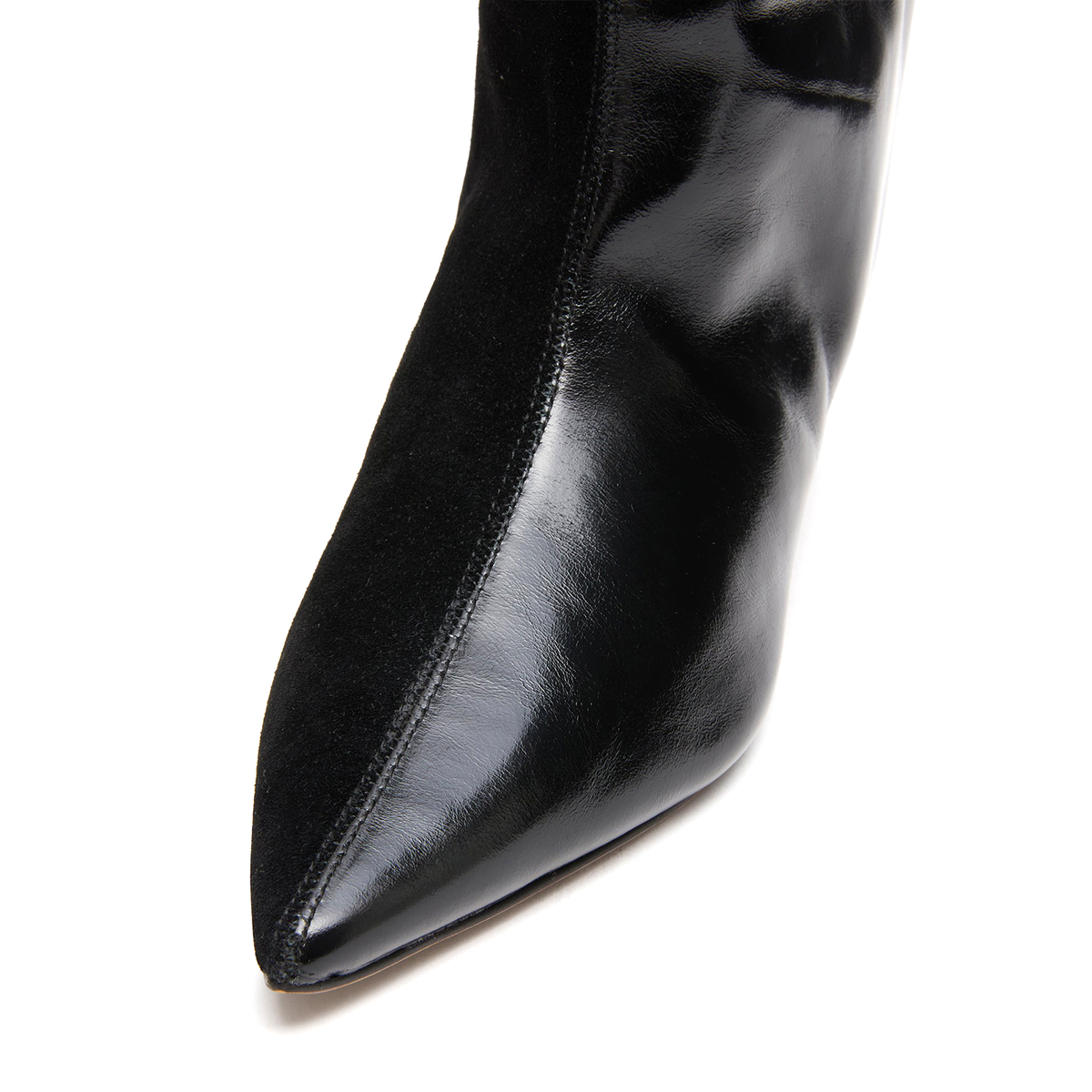 Black Faux Suede And Vegan Leather Pointed-Toe Wide Calf Knee High Stiletto Boots