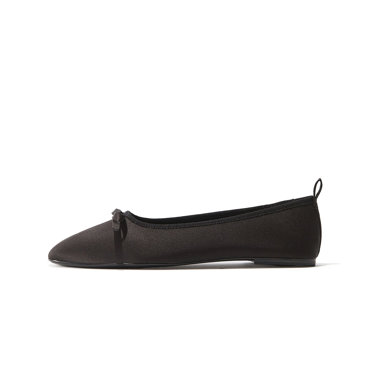Black Satin Square-Toe Classic Ballet Flats With Front Bow