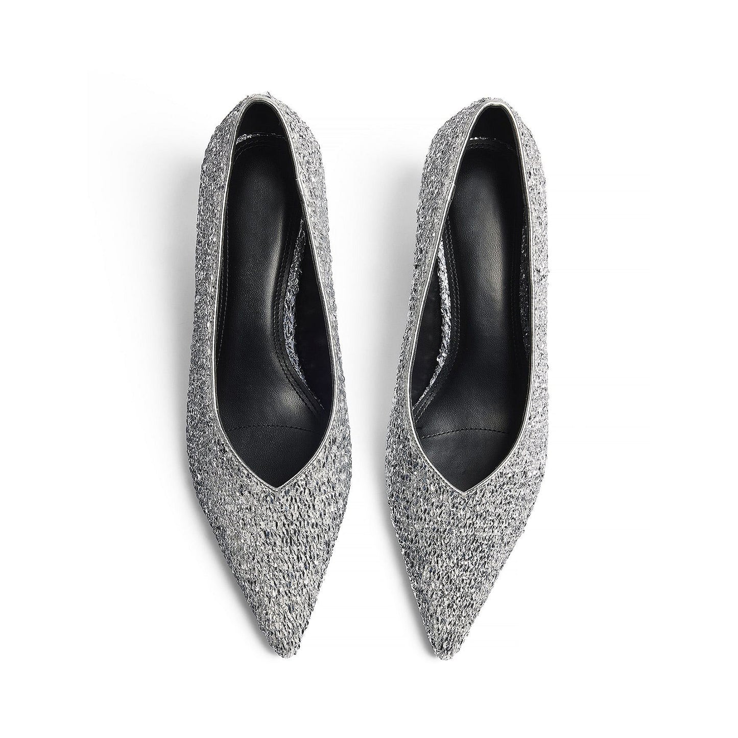 Metallic Silver Pointed-Toe All Sequin Slip-On Kitten Heels