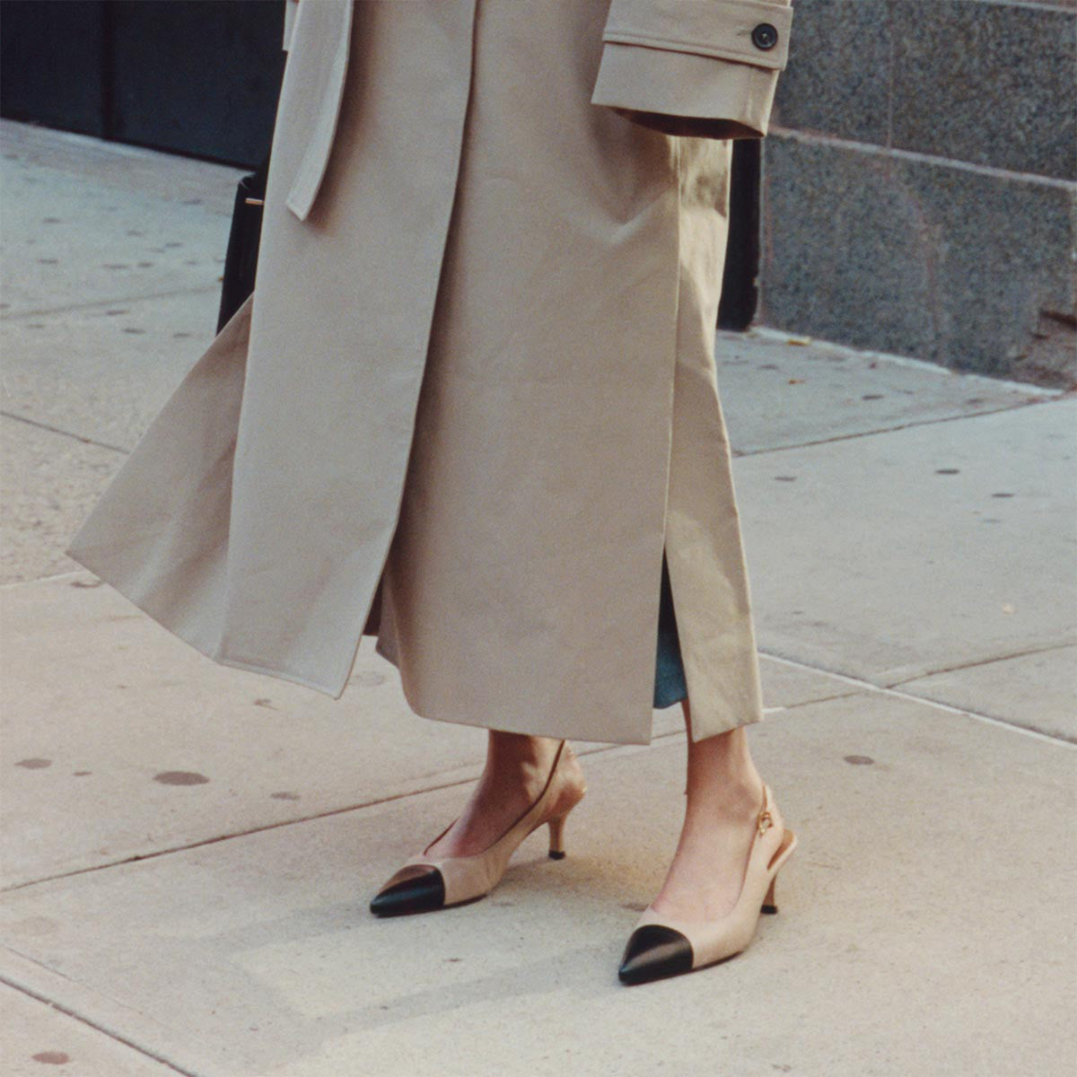 Beige And Black Pointed-Toe Chic Back Strap Kitten Heels