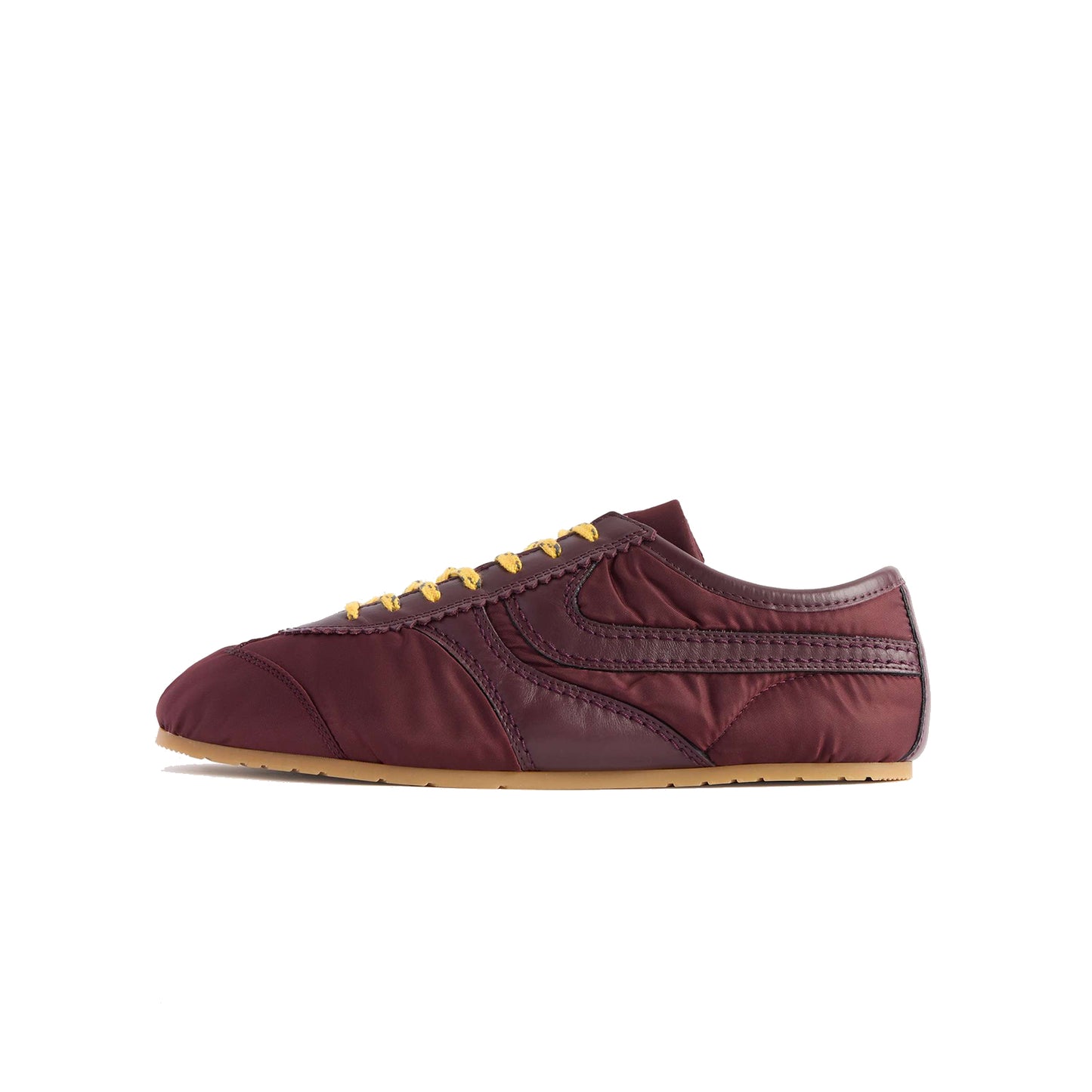 Burgundy Contrast Vegan Leather And Cloth Square-Toe Lace-Up Sneakers Flats