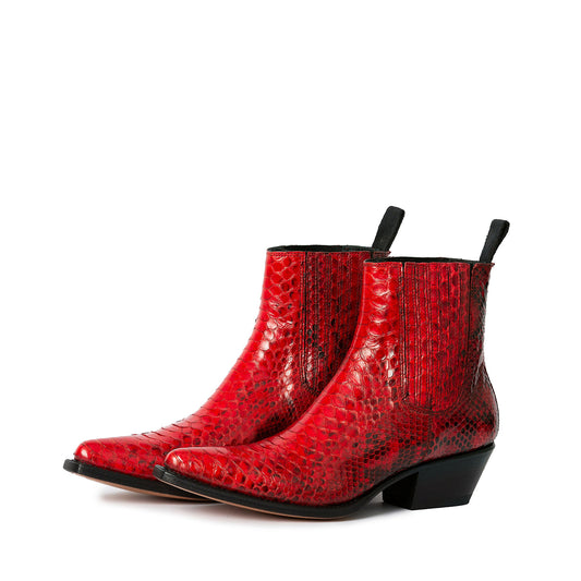 Red Snakeskin Print Pointed-Toe Simple Ankle Cowgirl Boots