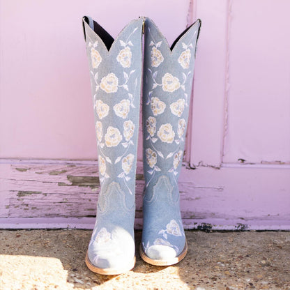 Light Blue Denm Pointed-Toe Floral Embroidery Full-Zip Knee High Cowgirl Boots