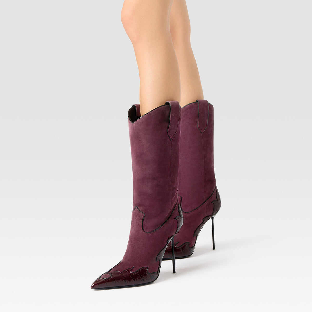 Burgundy Faux Suede And Crocodile Pattern Pointed-Toe Slip-On Mid Calf Stiletto Boots