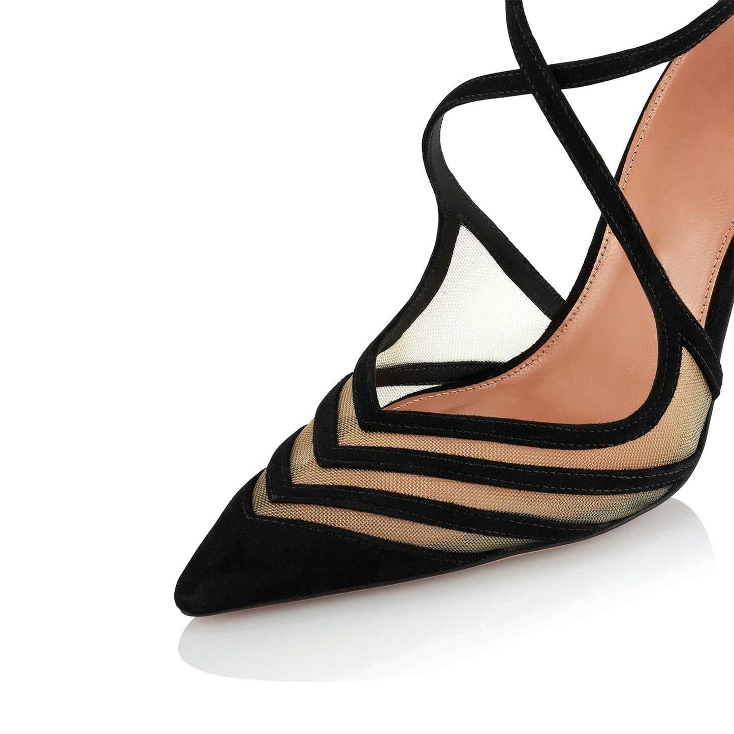 Black Contrast Mesh And Faux Suede Pointed-Toe Crossed Straps High Heels