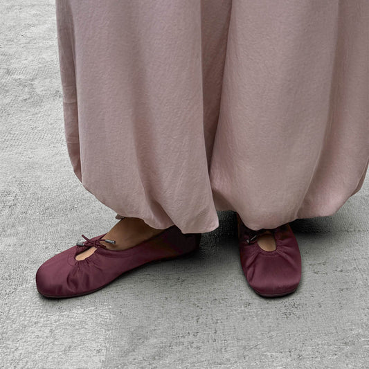 Burgundy Satin Square-Toe Stretchy Ballet Flats