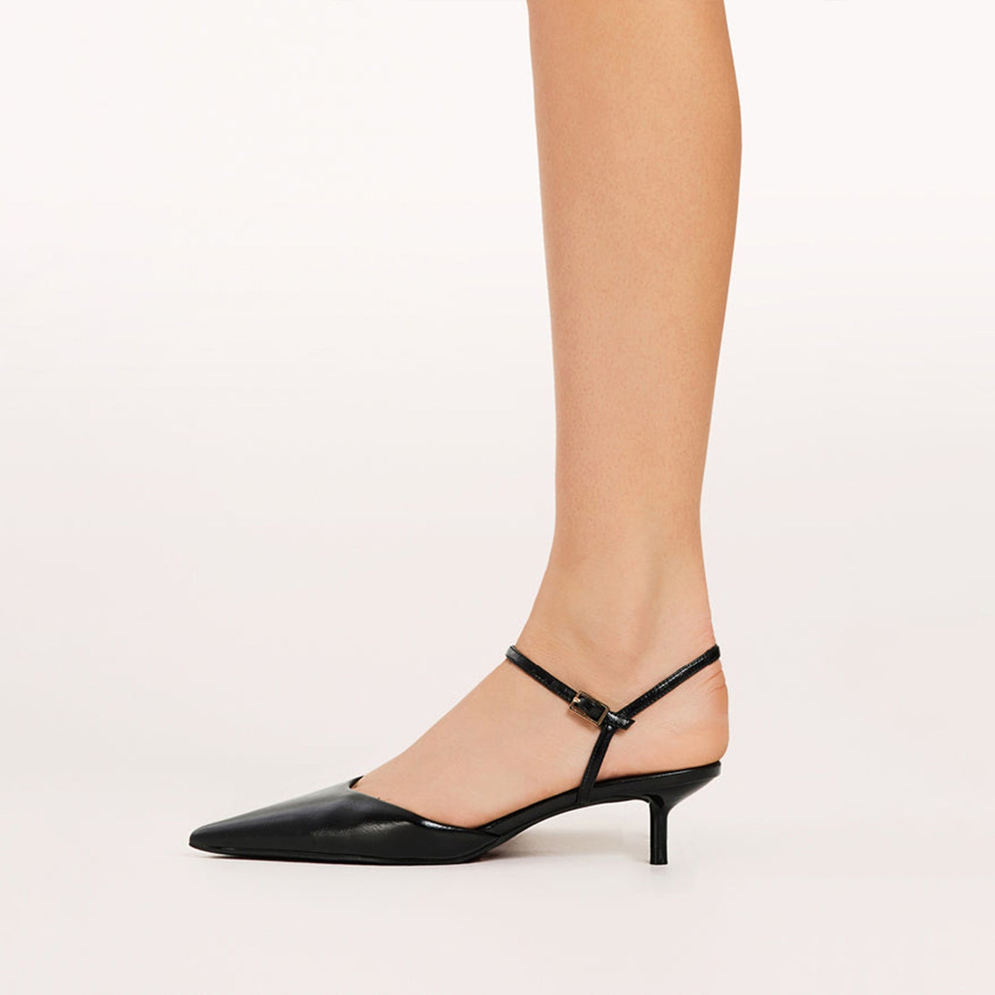 Black Pointed-Toe Adjustable Buckle Ankle Strap Kitten Heels