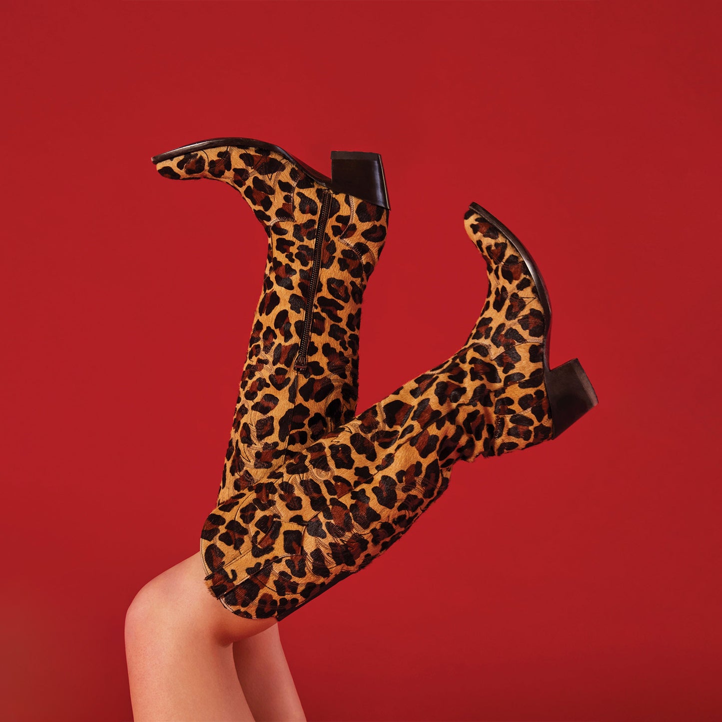 Leopard Pattern Almond-Toe Embroidery Half-Zip Knee High Cowgirl Boots