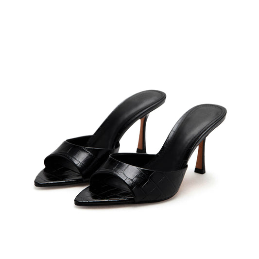 Black Stone Print Pointed-Toe Slip-On High Heels