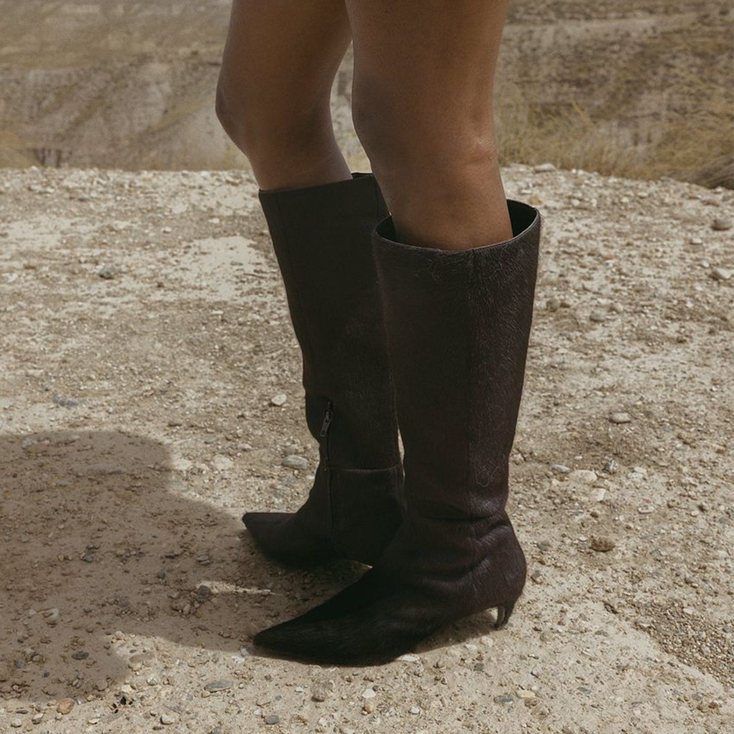 Brown Pony Hair Vegan Leather Pointed-Toe Half-Zip Knee High Stiletto Boots