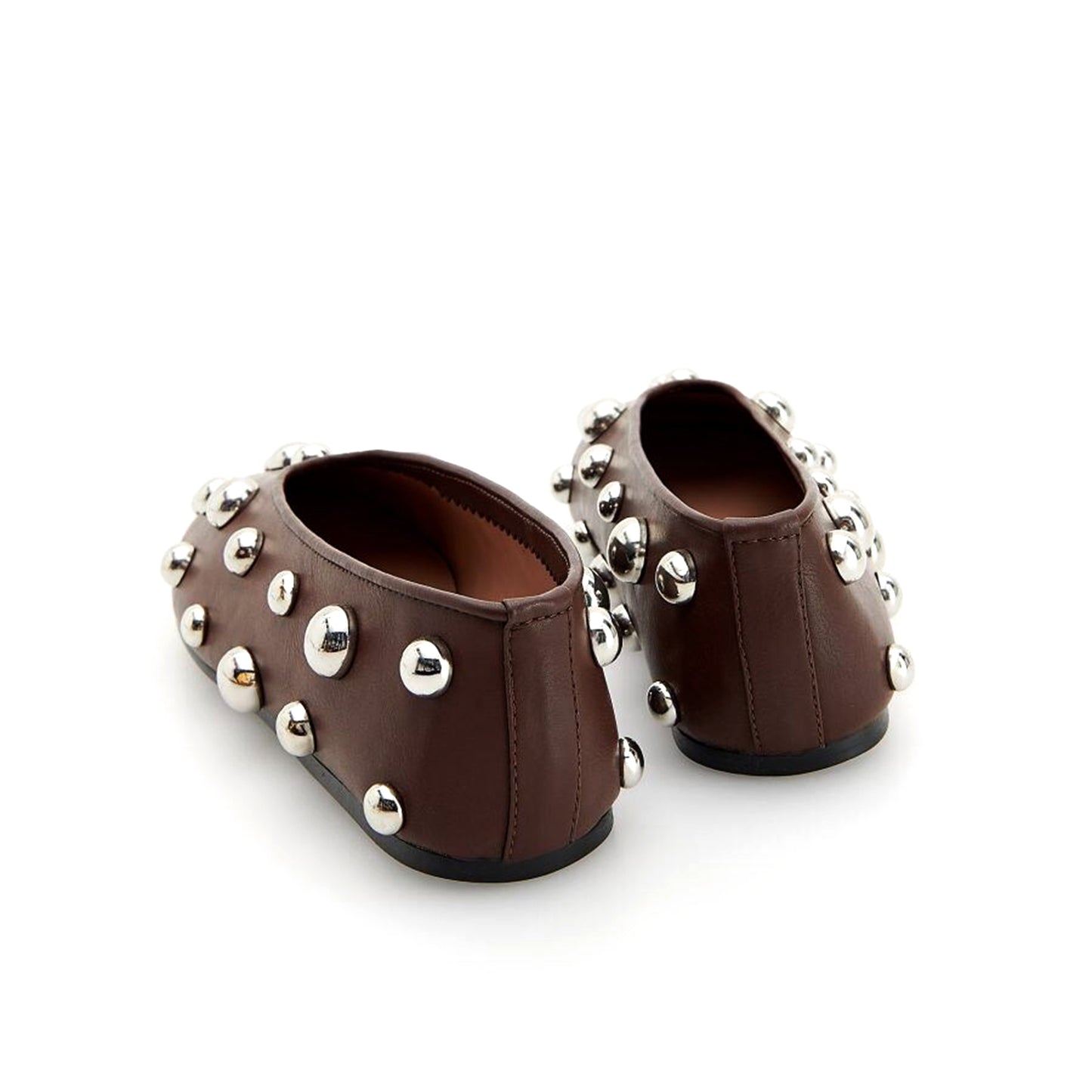 Dark Brown Vegan Leather Round-Toe Studded Slip-On Flats