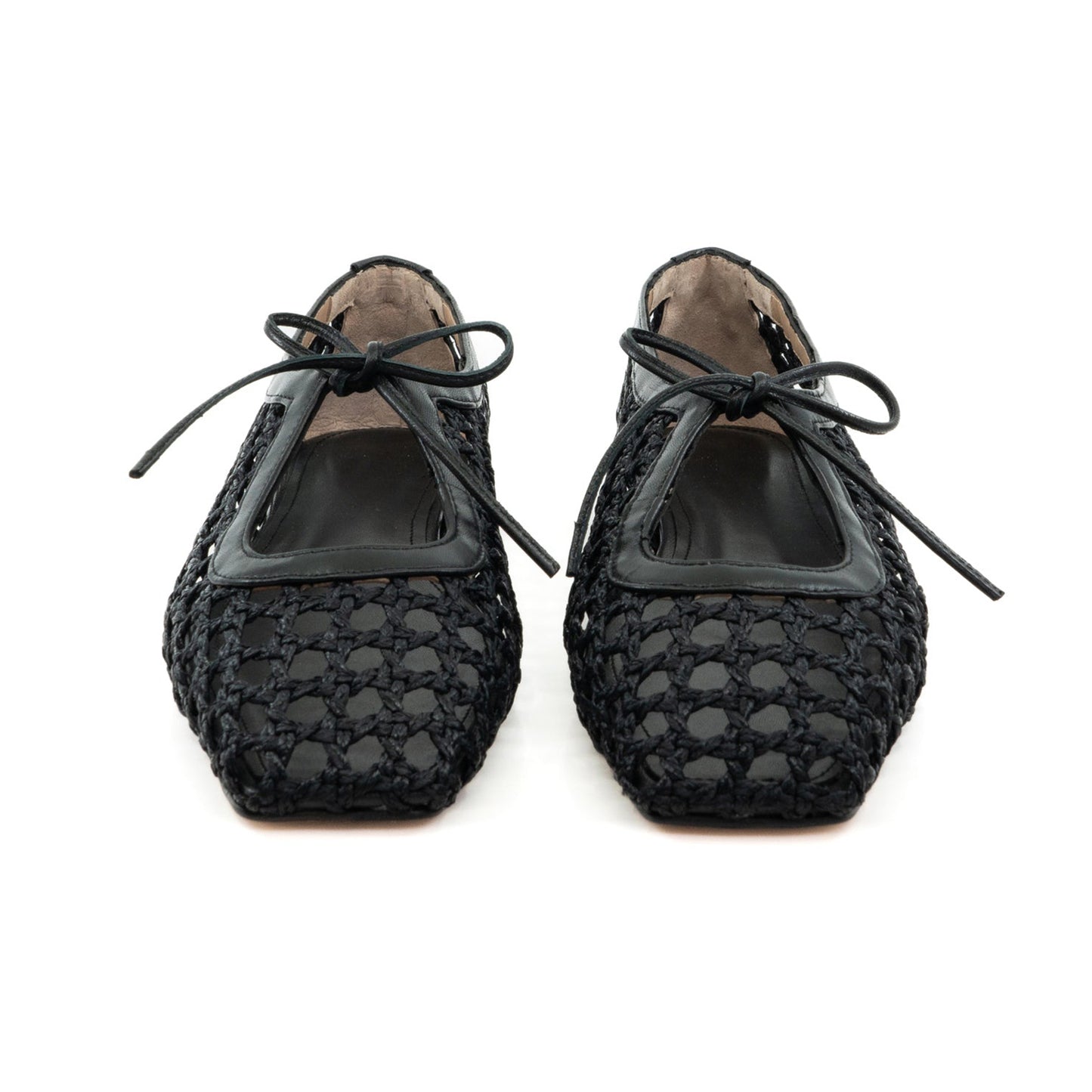 Black Woven Vegan Leather Square-Toe Vamp Strap With Bow Ballet Flats
