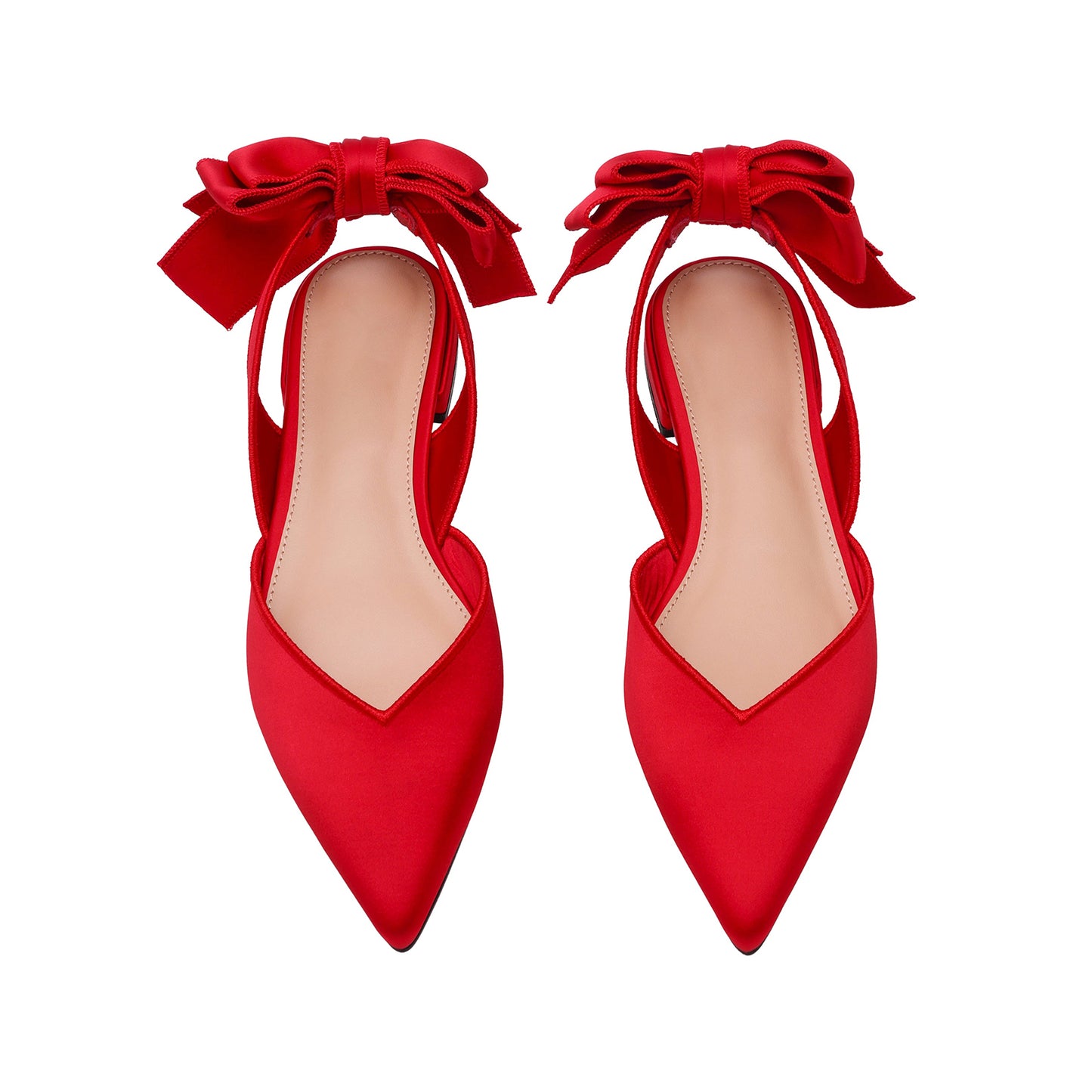 Red Satin Pointed-Toe Slingback Back Bow Flats
