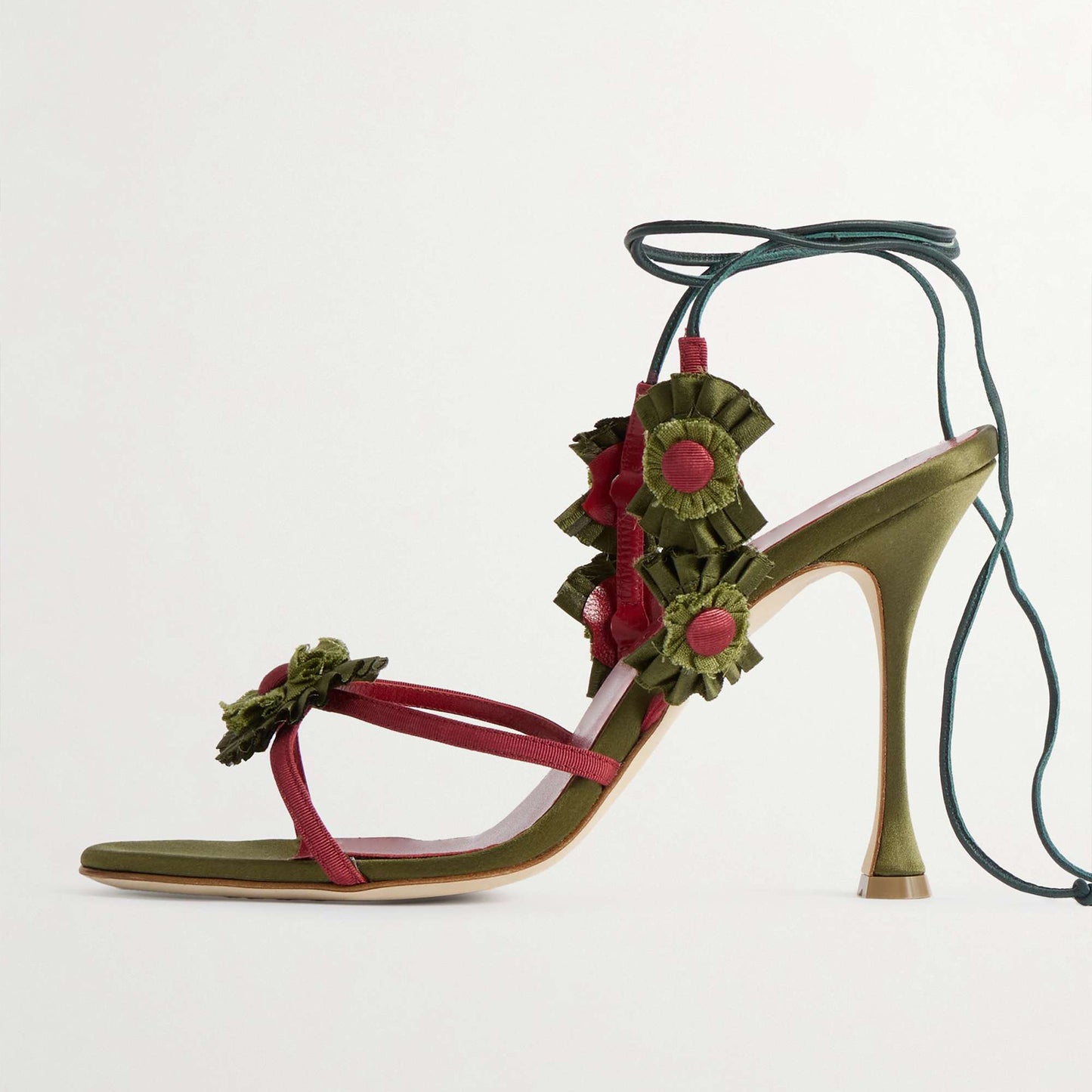 Army Green Satin Round-Toe Strappy With Flowers Detail High Heels