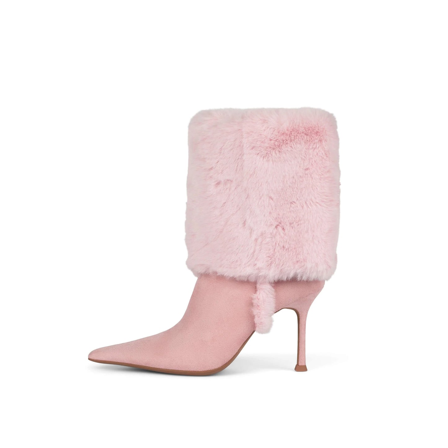 Pink Faux Suede Pointed-Toe Plush Fold-Over Knee High Stiletto Boots