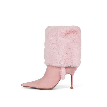 Pink Faux Suede Pointed-Toe Plush Fold-Over Knee High Stiletto Boots
