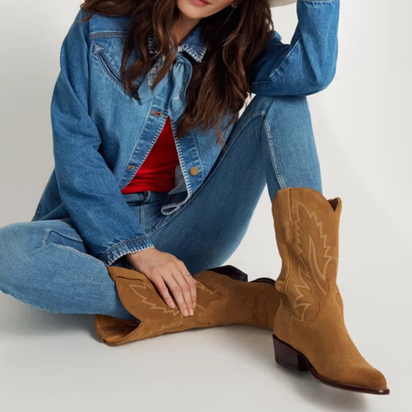 Caramel Faux Suede Almond-Toe Embroidery Mid Calf Cowgirl Boots