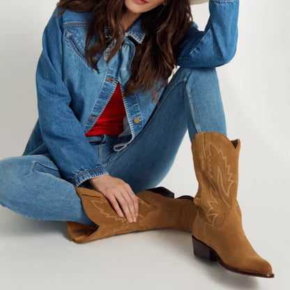 Caramel Faux Suede Almond-Toe Embroidery Mid Calf Cowgirl Boots