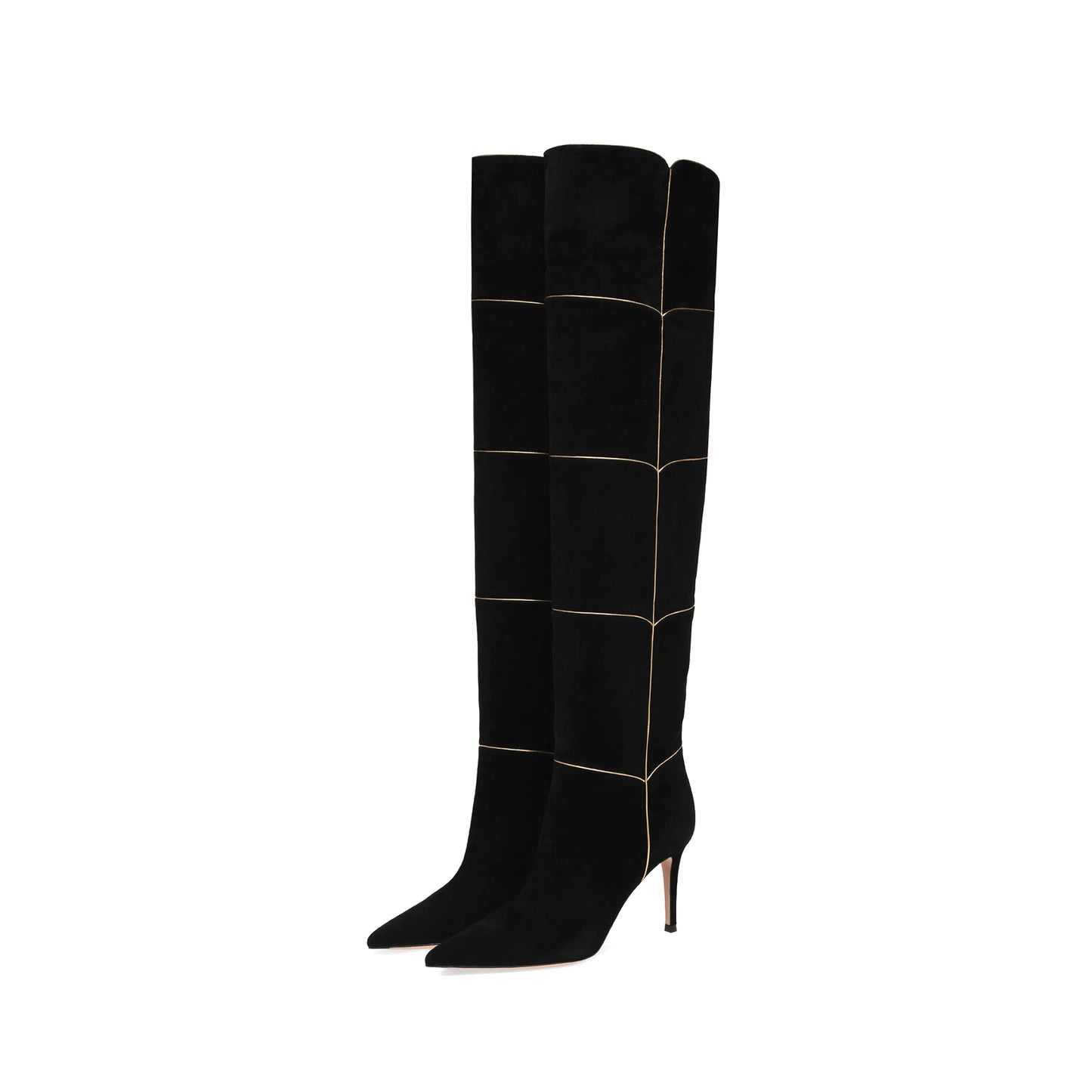 Black Faux Suede Pointed-Toe Wide Calf Metallic Gold Piping Over-The-Knee Stiletto Boots