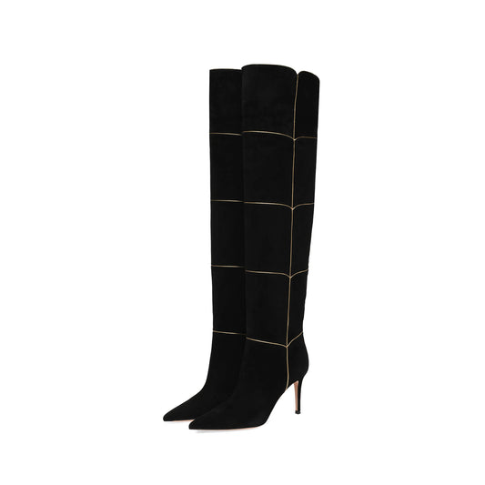 Black Faux Suede Pointed-Toe Wide Calf Metallic Gold Piping Over-The-Knee Stiletto Boots