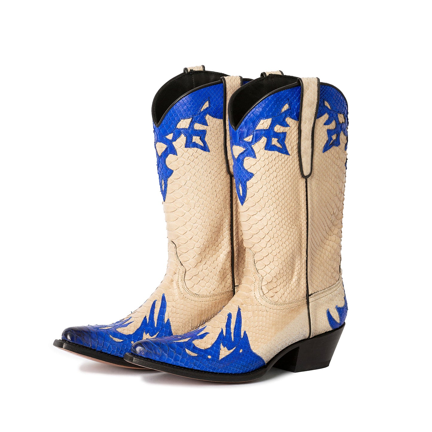 Contrast Cream And Blue Snakeskin Print Vegan Leather Snip-Toe Chic Mid Calf Cowgirl Boots