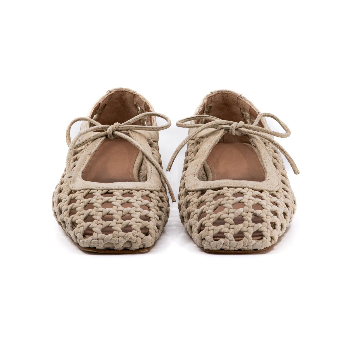 Beige Woven Vegan Leather Square-Toe Vamp Strap With Bow Ballet Flats