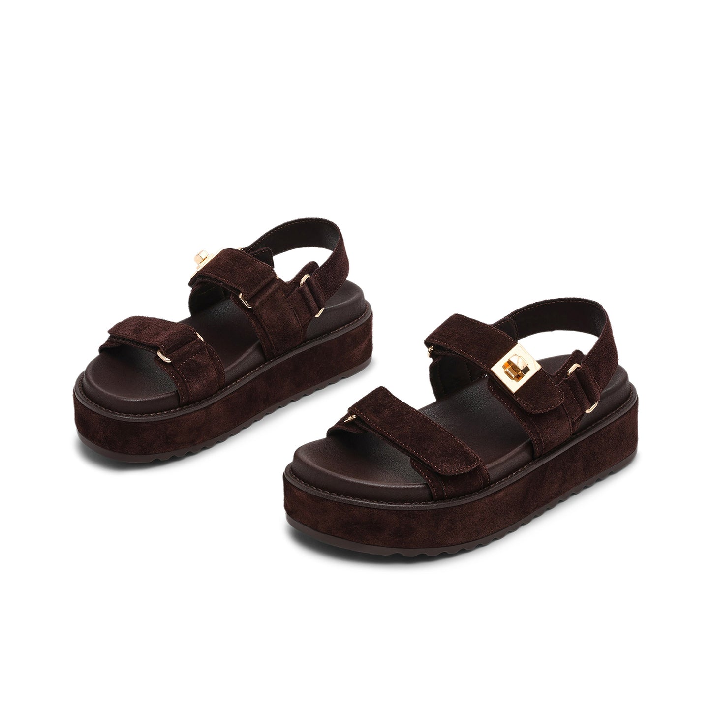 Black Faux Suede Square-Toe Three Straps Sandals Flats