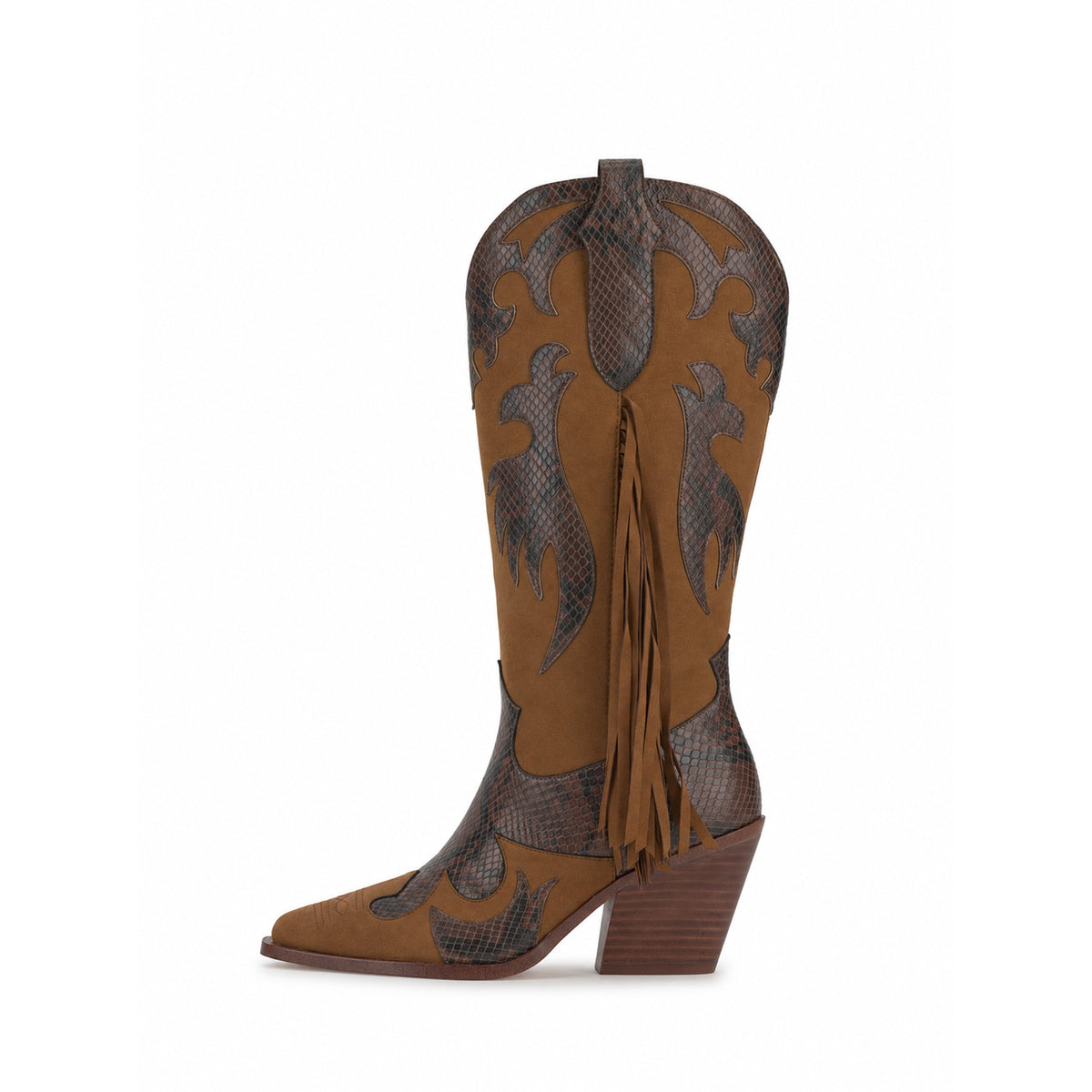 Brown And Snakeskin Pattern Almond-Toe Applique And Side Fringe Half-Zip Knee High Cowgirl Boots