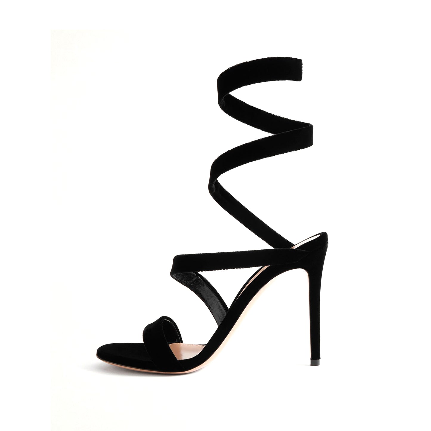 Black Velvet Round-Toe Spiral Ankle Straps Sandals High Heels
