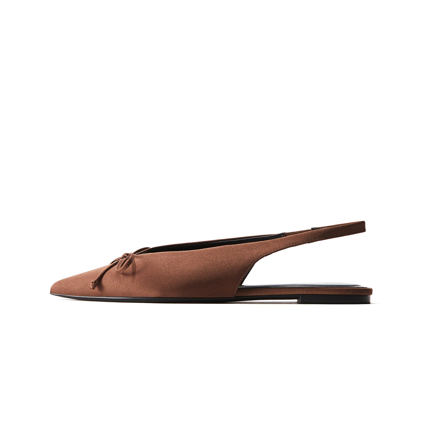 Brown Satin Pointed-Toe Front Bow Slingback Flats