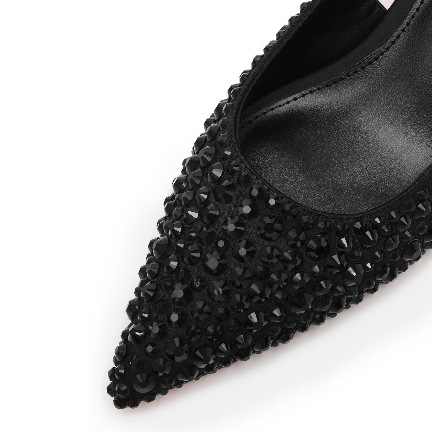 Black Satin Full Crystals Pointed-Toe Classic Slingback Kitten Heels