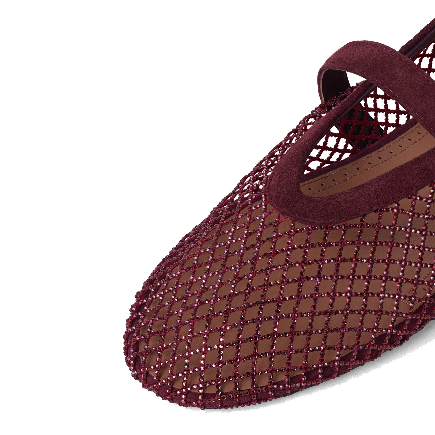 Brown Mesh With Rhinestones Round-Toe Mary Jane Ballet Flats