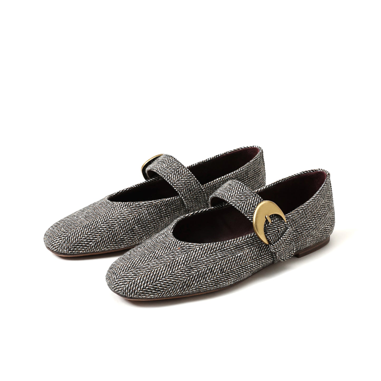 Black Figured Cloth Square-Toe Buckle Bridge Strap Ballet Flats