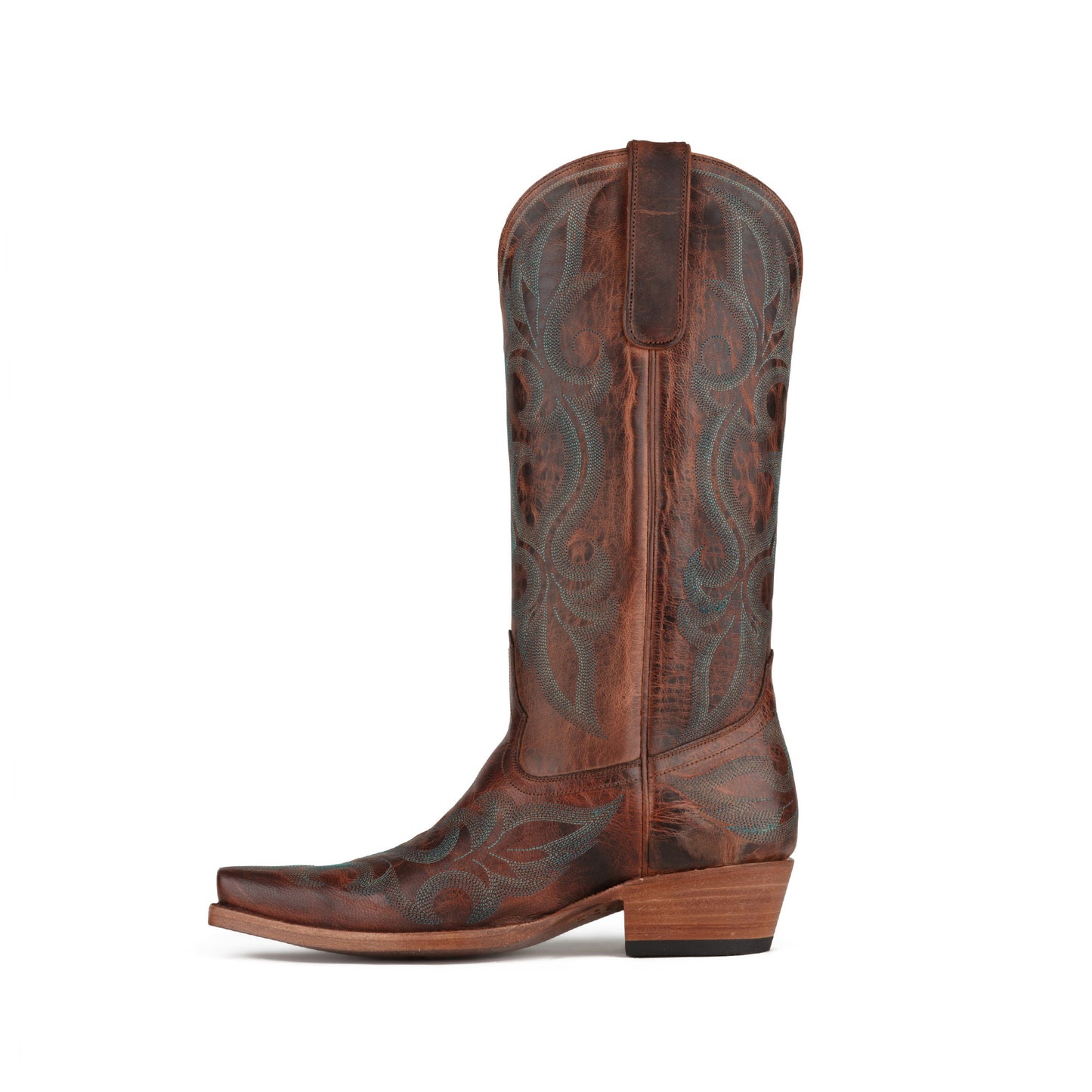 Distressed Cognac Snip-Toe Western Embroidery Classic Mid Calf Cowgirl Boots