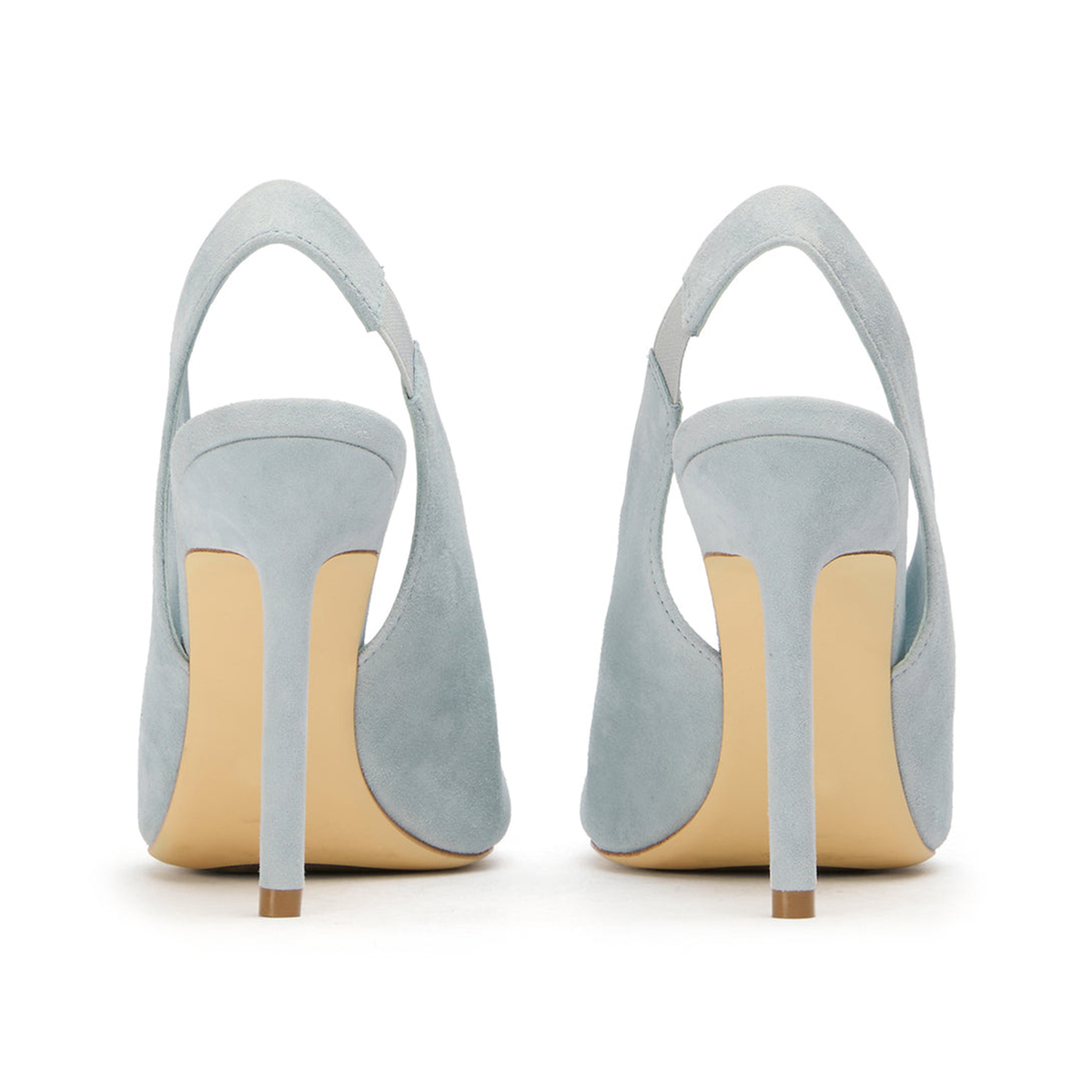 Blue Faux Suede Pointed-Toe Front Transparent TPU Film Slingback High Heels