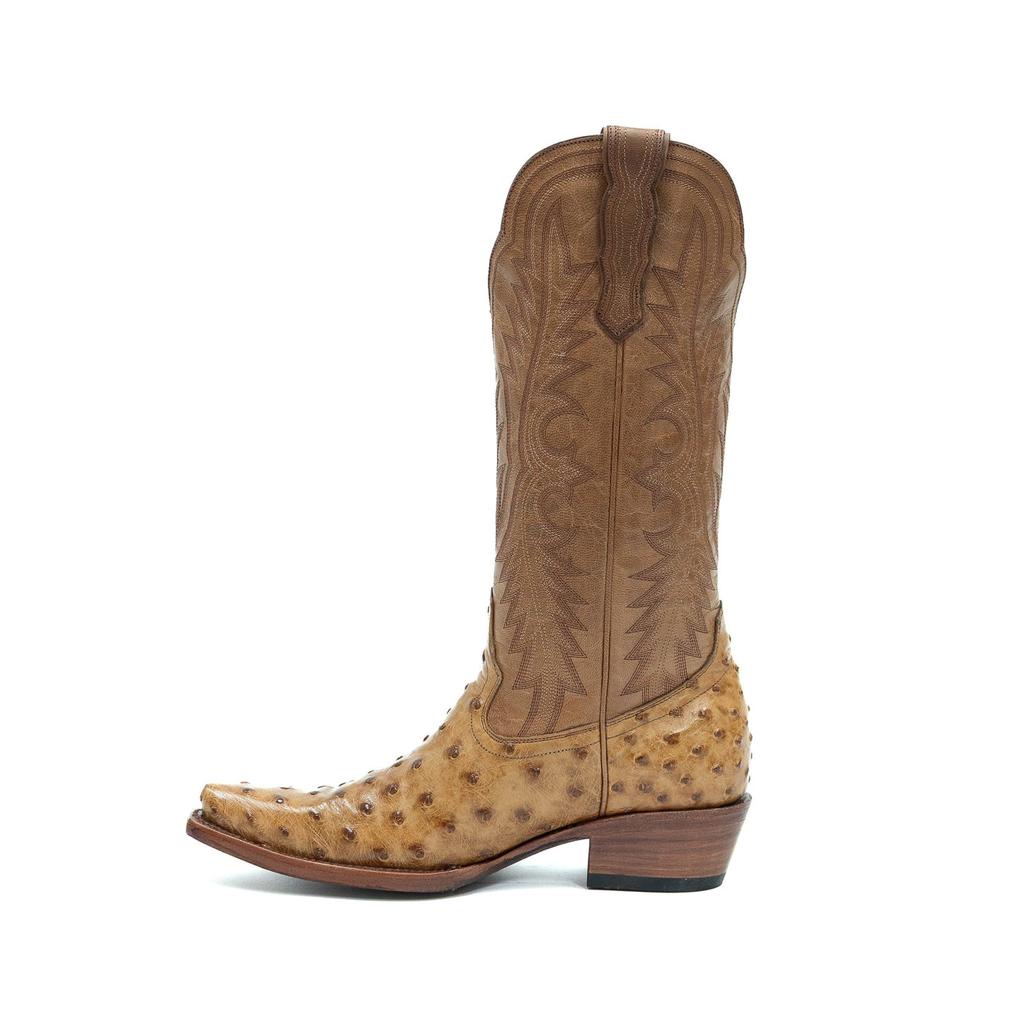 Umber Contrast Vegan Leather And Ostrich Print Snip-Toe Embroidery Mid Calf Cowgirl Boots