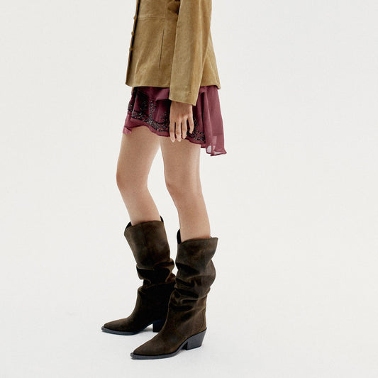 Khaki Green Faux Suede Pointed-Toe Simple And Sleek Knee High Cowgirl Boots