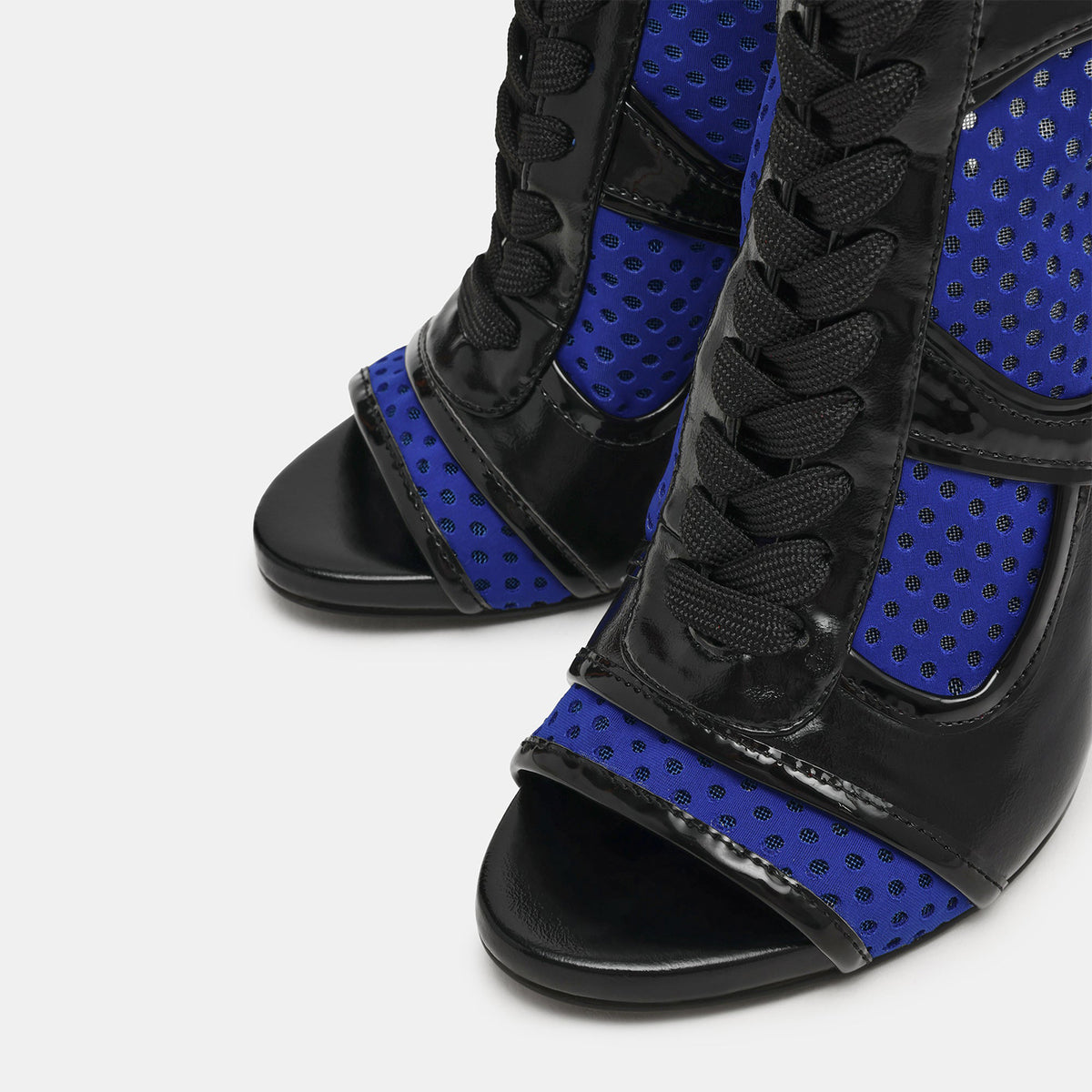 Black Vegan Leather And Blue Mesh Peep Round-Toe Front Lace-Up Strappy Side Full-Zip Stiletto Shoes
