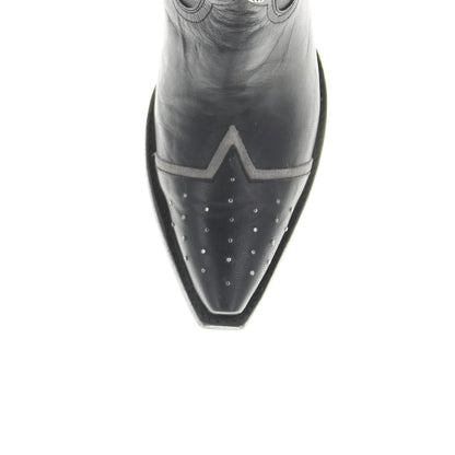 Black Snip-Toe Studded And Star Applique Ankle Cowgirl Boots