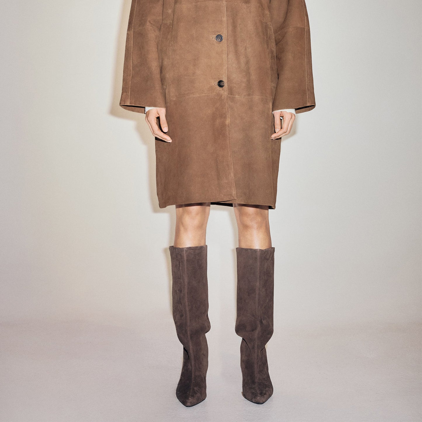 Coffee Faux Suede Pointed-Toe Sleek Wide Calf Knee High Stiletto Boots
