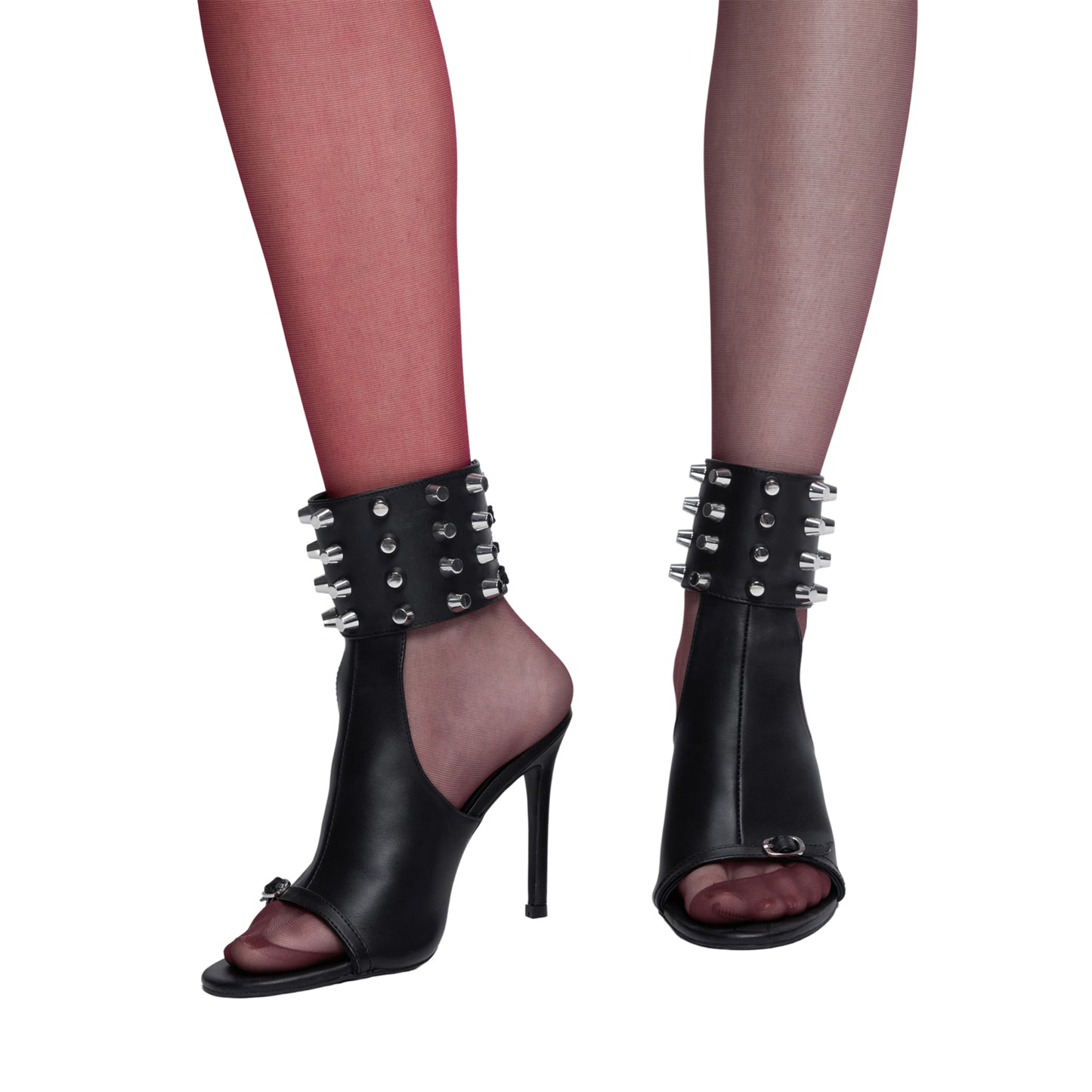 Black Open Round-Toe Studded Thick Ankle Strap With Lace-Up High Heels