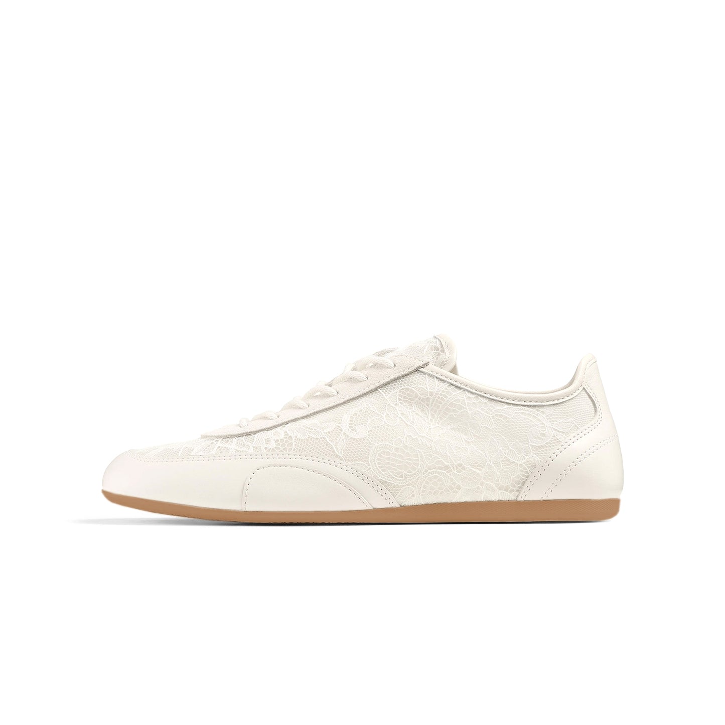 Ivory Faux Suede And Lace Mesh Round-Toe Lace-Up Sneakers Flats