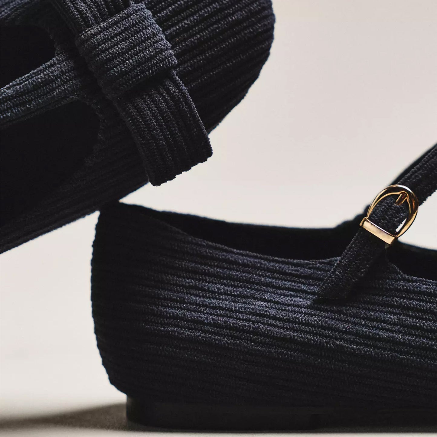 Black Striped Flannel Fabric Round-Toe T-Strap Ballet Flats