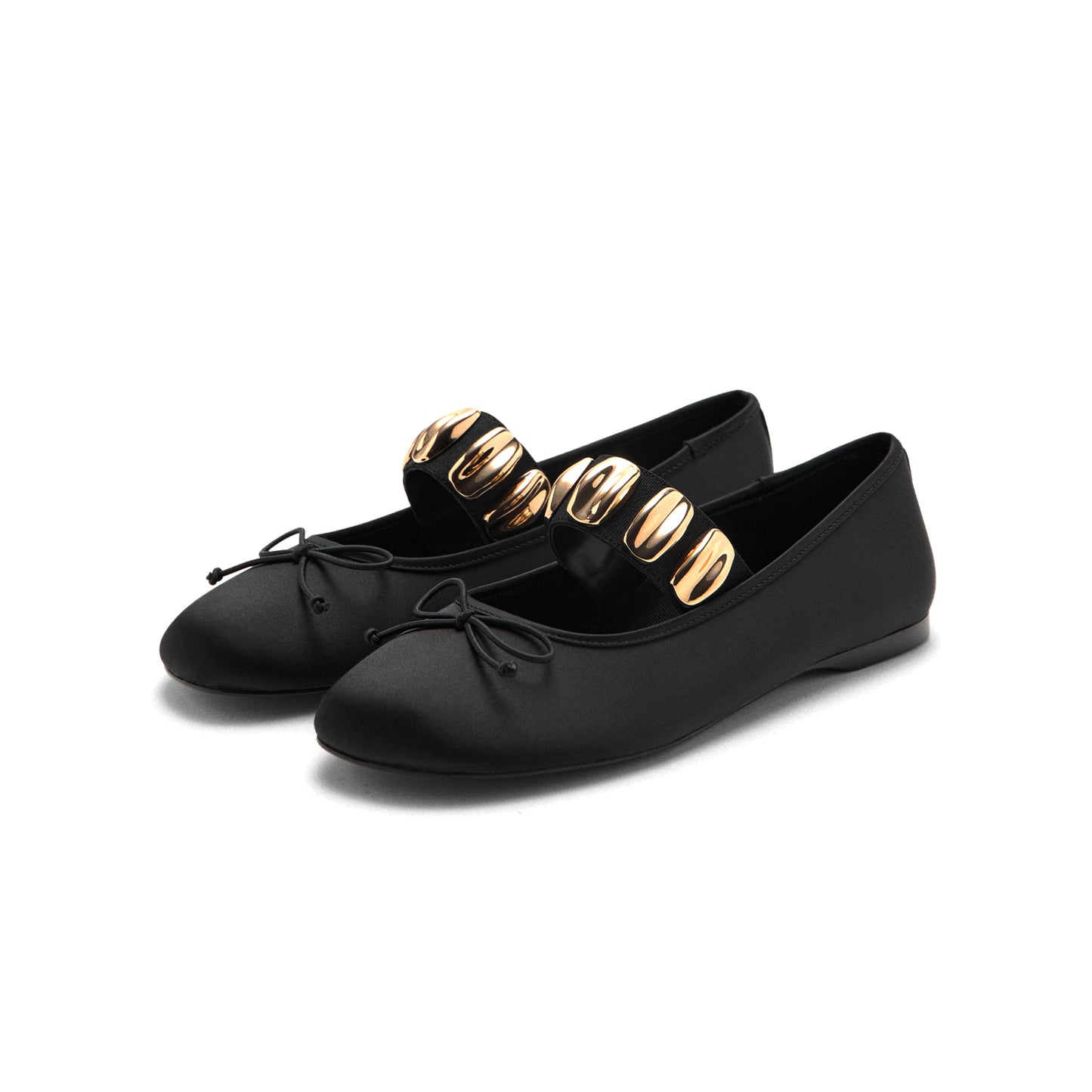 Black Satin Square-Toe Front Bow And Studded Mary Jane Ballet Flats