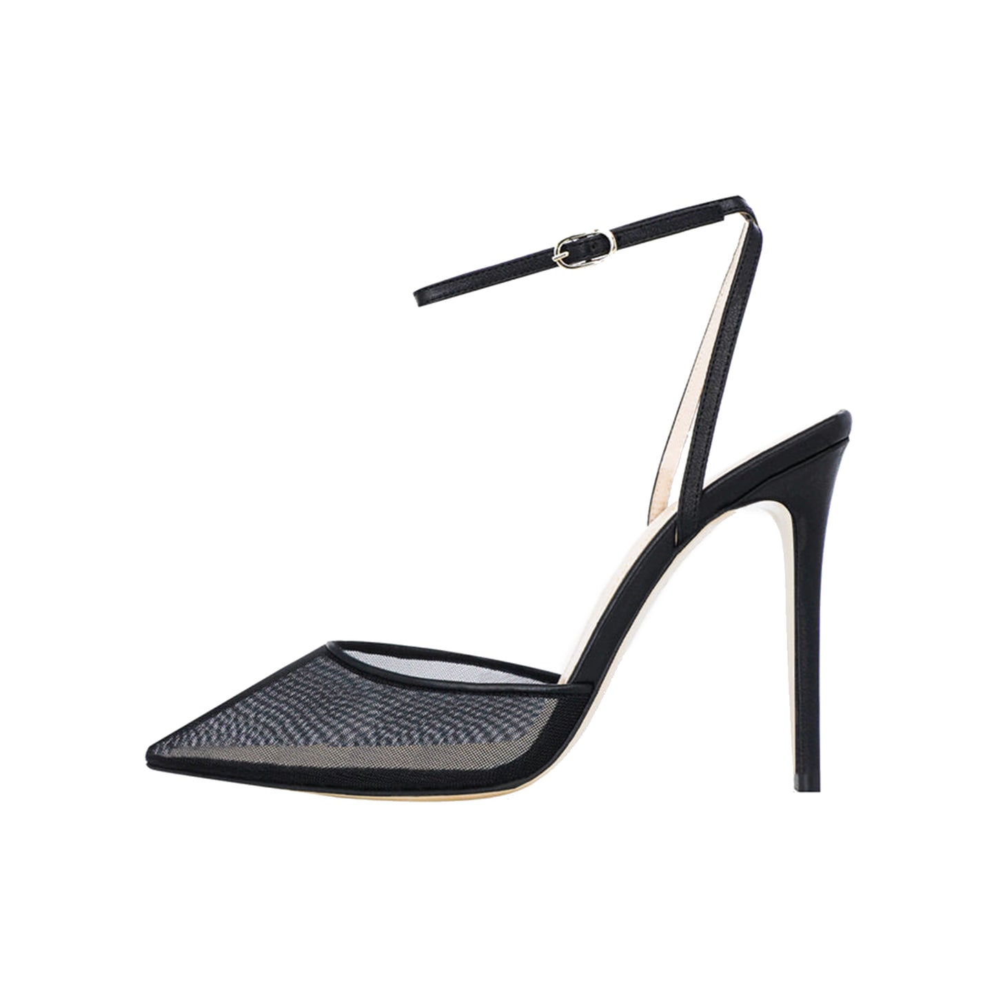 Black Mesh And Vegan Leather Pointed-Toe Ankle Strap Classic High Heels