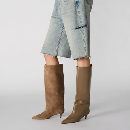 Taupe Faux Suede And Vegan Leather Pointed-Toe Wide Calf Knee High Stiletto Boots